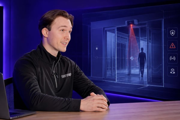 SEVN-X security professional seated in a purple-lit studio with secure code and shield graphics, representing independent application security testing.