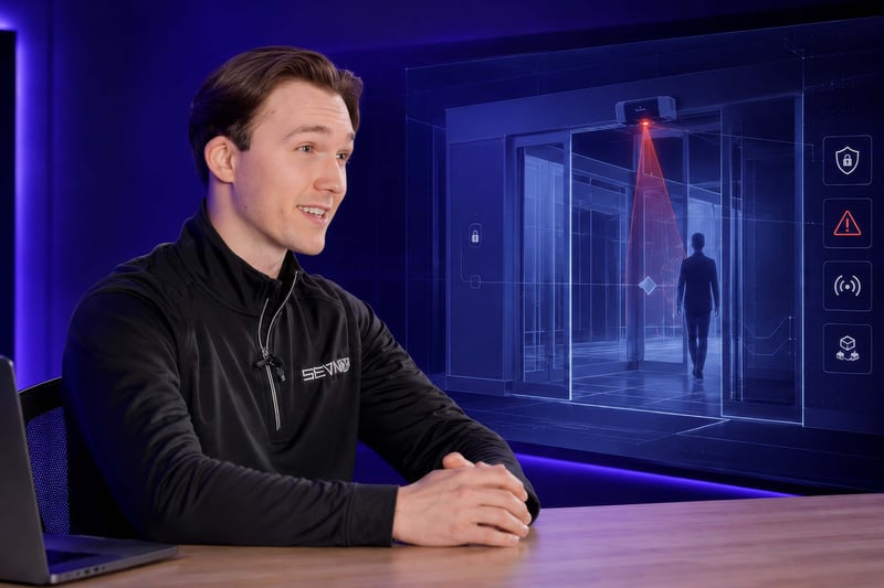 SEVN-X security professional seated in a purple-lit studio with secure code and shield graphics, representing independent application security testing.