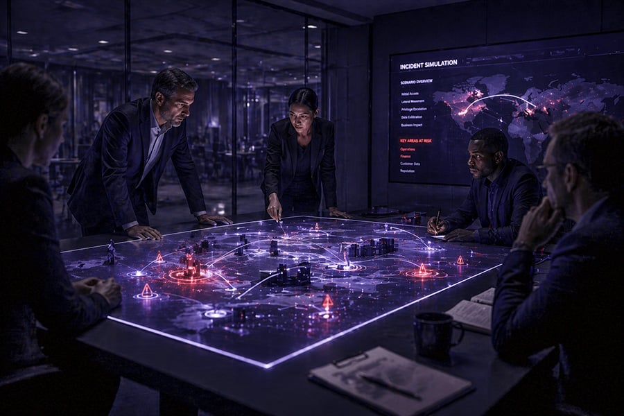 Tabletop exercise engaging technical teams and executive leadership in a simulated incident