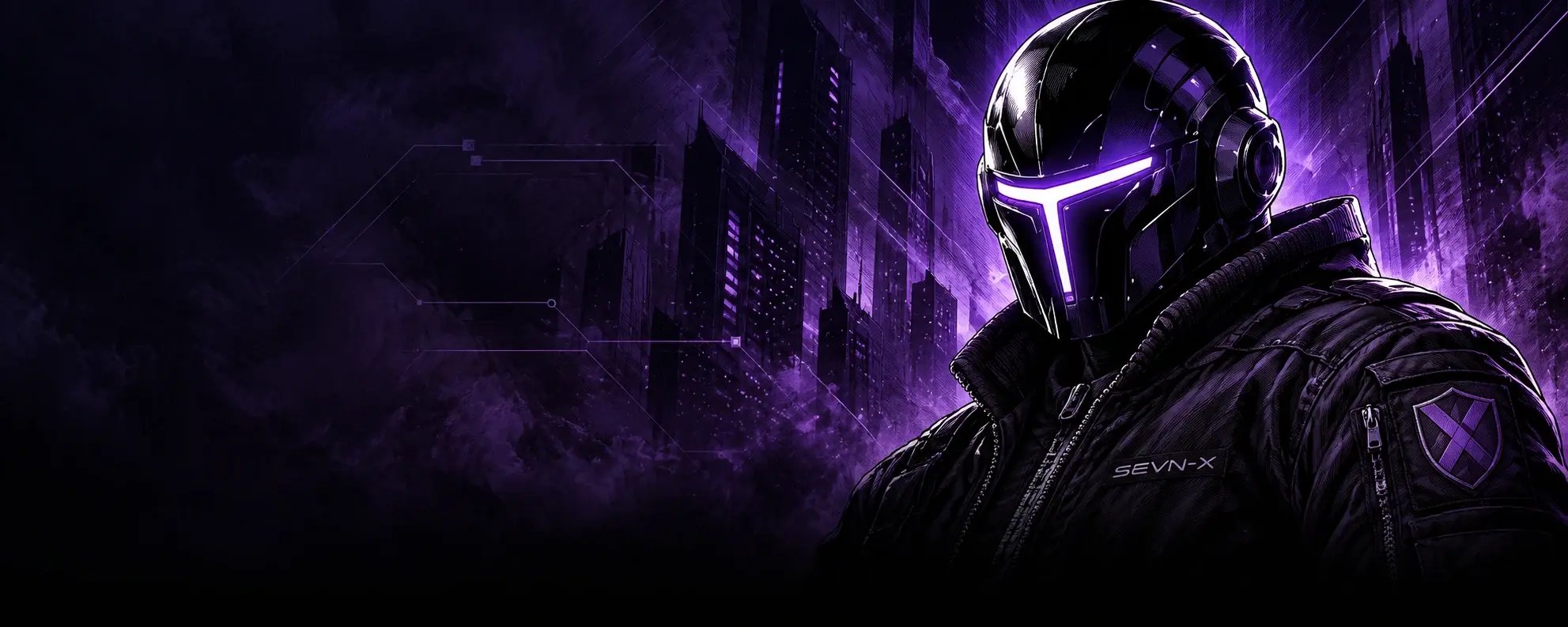 Bastion in his SEVN-X bomber and glowing purple helmet