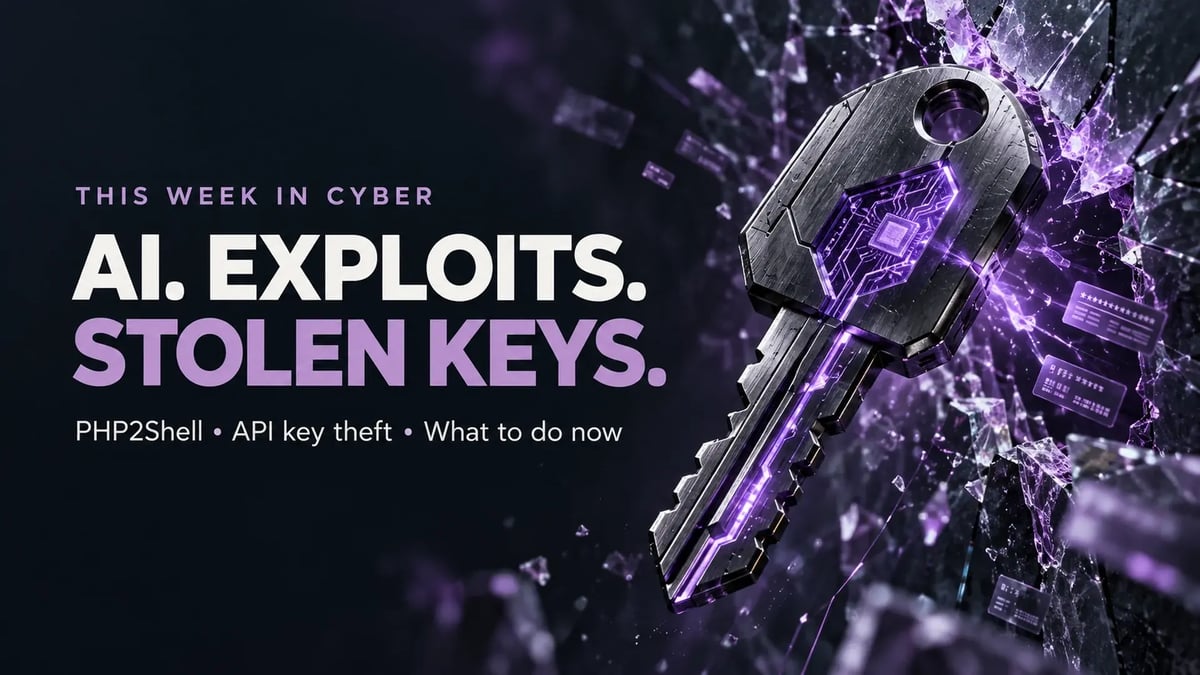 AI, exploits, stolen keys: a violet digital key breaking through a glass security boundary.