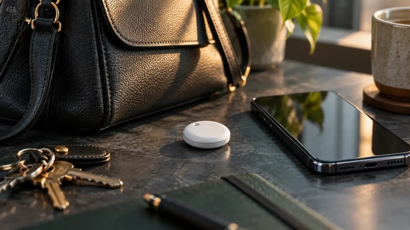 AI-generated editorial photograph of an unbranded round tracker beside a handbag and smartphone, illustrating unwanted-tracking awareness.