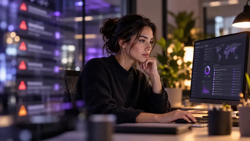 AI-generated editorial image: Security analyst reviewing a dashboard with prioritized alerts.