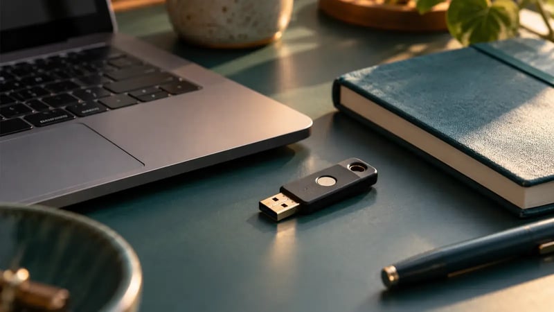 AI-generated editorial photograph of a hardware security key beside a laptop and closed notebook in warm natural light.