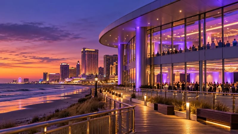 AI-generated editorial image: Conceptual Atlantic City oceanfront conference setting at twilight with purple architectural lighting; not an event photograph.