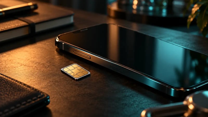 AI-generated editorial photograph of an unbranded smartphone and SIM card on a dark desk with teal and amber lighting.