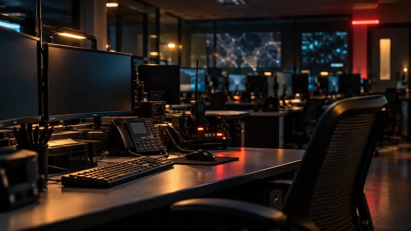 AI-generated editorial illustration of a public-safety operations room in charcoal, teal, and amber; not the actual Camden County facility.