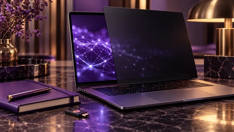 AI-generated editorial image: Laptop privacy filter, notebook and hardware security key in a purple-accented research workspace.