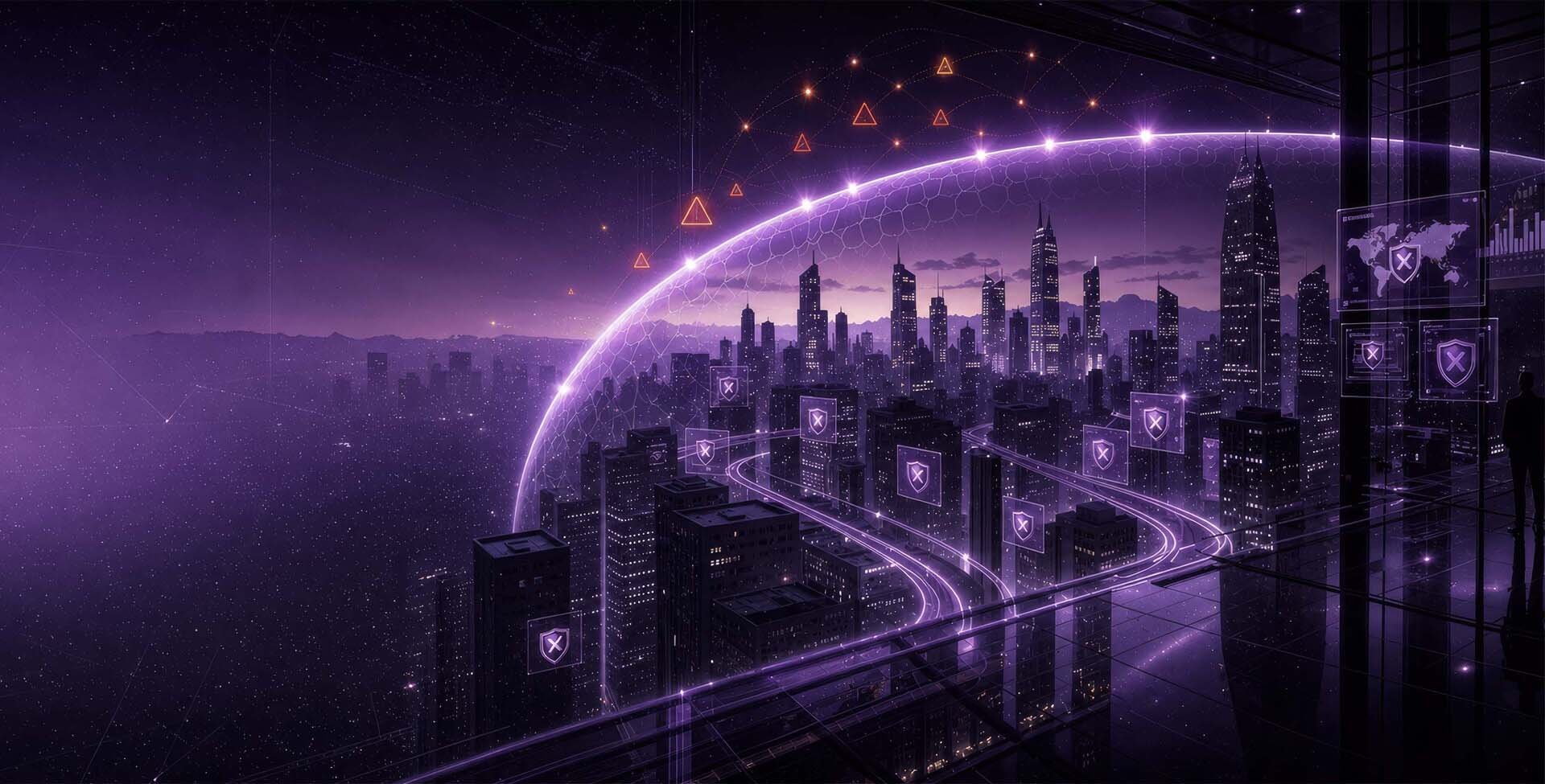 A neon-lit city skyline wrapped by a glowing security perimeter.