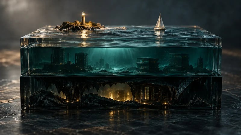 AI-generated conceptual illustration of layered smoked-glass environments representing surface, deep, and dark web access.