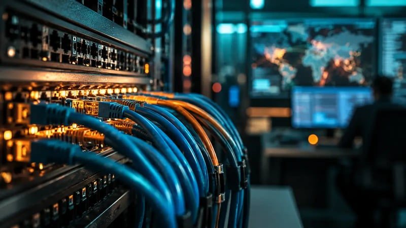 AI-generated editorial photograph of an ethernet patch panel with a blurred monitoring workstation in teal and copper light.