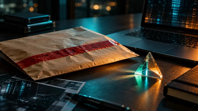 AI-generated editorial still life of an evidence envelope, laptop, and glass prism in teal and amber light.