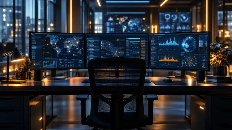 AI-generated editorial photograph of a security monitoring workstation with steel-blue displays and warm amber lighting.