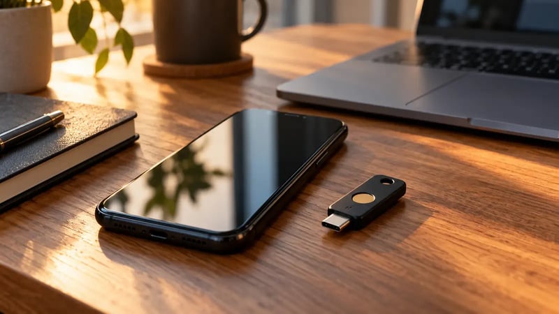 AI-generated editorial photograph of a phone and physical security key beside a laptop in warm office light.