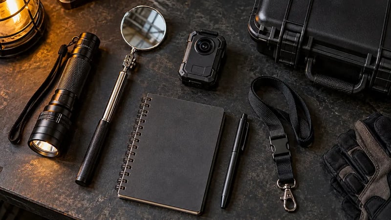 AI-generated illustrative physical-assessment kit with flashlight, inspection mirror, camera, notebook, and protective case; not the actual 2022 kit.