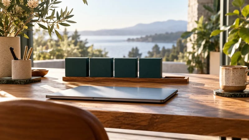 AI-generated editorial photograph of a calm desk with a closed laptop and four teal blocks, illustrating focused work and time away.