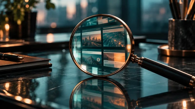 AI-generated editorial still life of a magnifying glass reflecting an abstract search grid on a teal glass desk.
