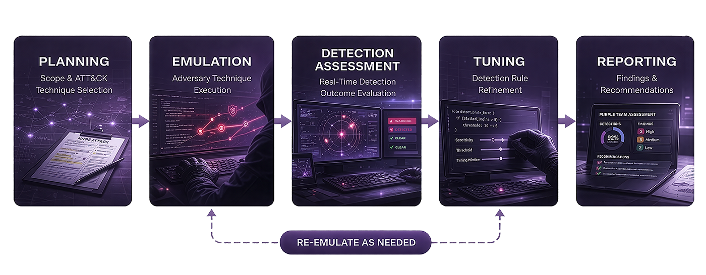 Purple team process: Planning, Emulation, Detection Assessment, Tuning, Reporting, re-emulate as needed