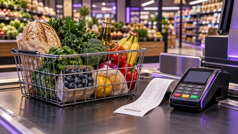 AI-generated editorial still life of groceries and a payment terminal at a supermarket checkout with purple accents.