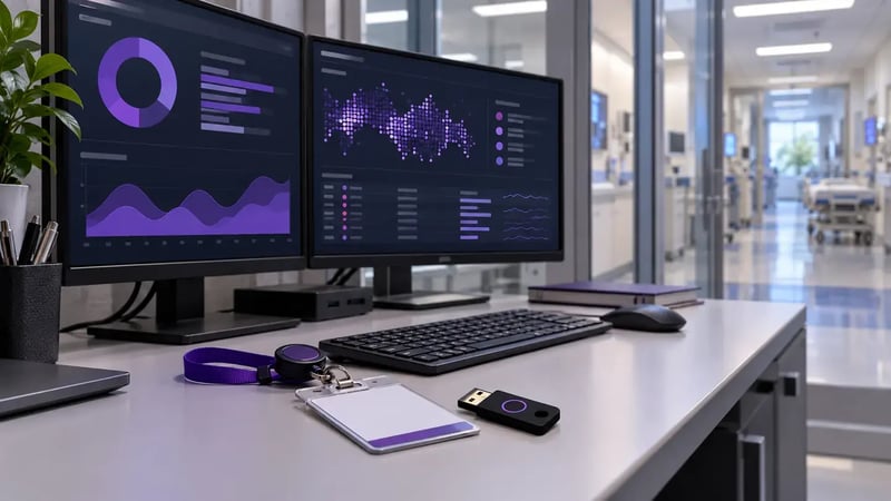 AI-generated editorial image: Hospital IT security workstation with abstract purple dashboards and a clinical corridor beyond.