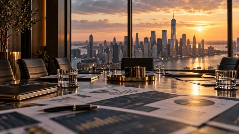 AI-generated editorial photograph of a financial-services boardroom overlooking Manhattan in warm amber and graphite tones.
