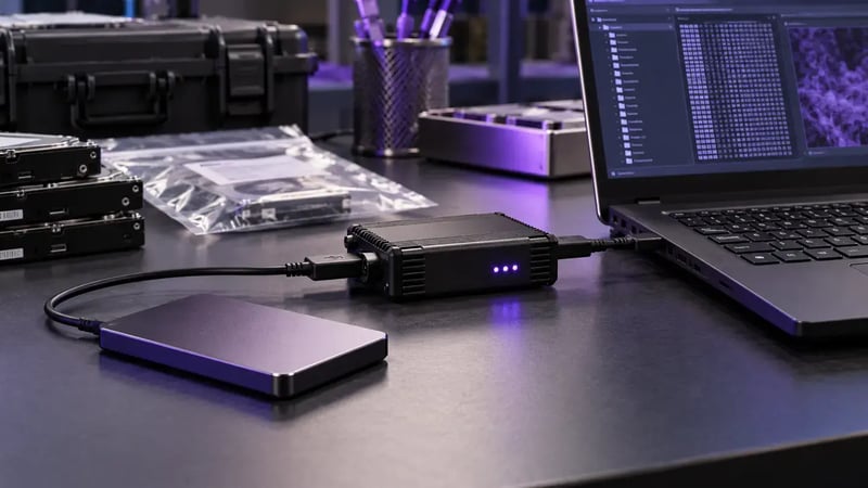 AI-generated editorial image: External solid-state drive connected to a forensic workstation with a hardware write blocker, evidence workspace.