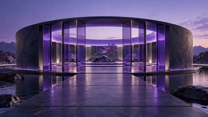 AI-generated editorial image: Architectural model with purple light already inside its outer wall, internal segmented glass gates.