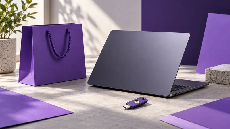 AI-generated editorial image: Minimal shopping bag, laptop and hardware security key under daylight with purple paper accents.