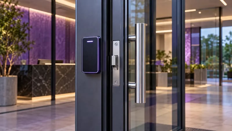 AI-generated editorial image: Modern commercial glass entrance with badge reader and a secure door latch in focus, no damage.
