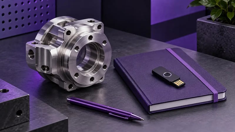 AI-generated editorial image: Precision manufactured metal component beside an orderly cybersecurity assessment notebook and hardware key.