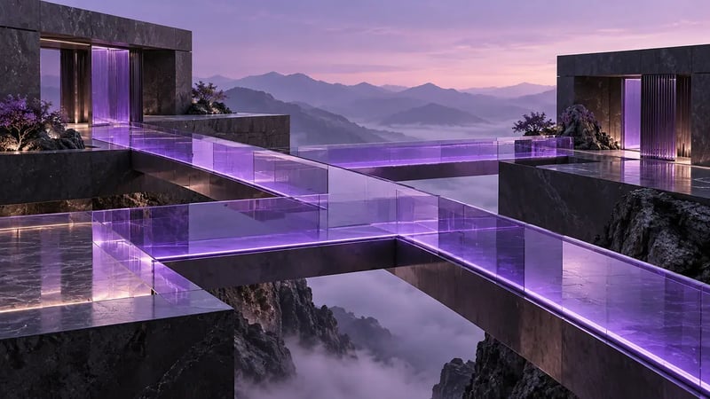 AI-generated editorial image: Interlocking purple glass bridges joining several charcoal architectural platforms.