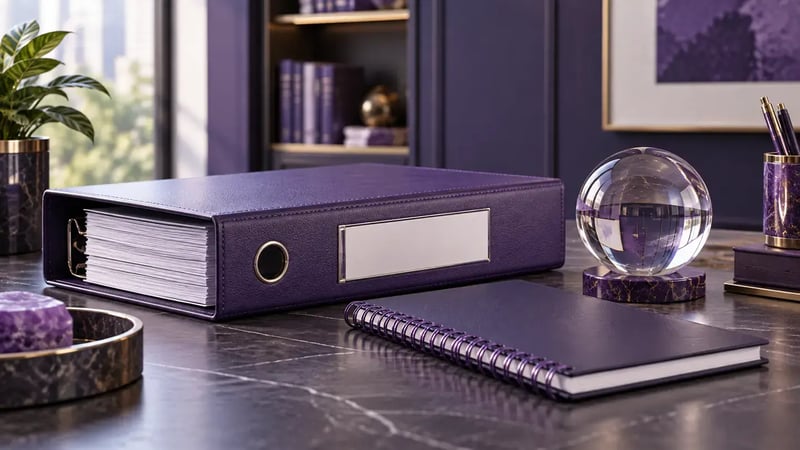 AI-generated editorial image: Organized blank policy binder, risk register notebook and glass sphere in a refined purple-accented office still life.