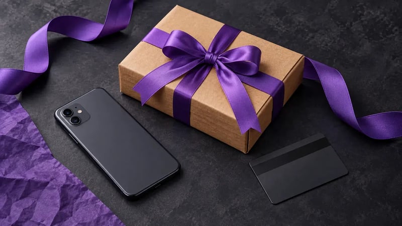 AI-generated editorial image: Shipping parcel, unbranded phone and payment card turned face down, purple ribbon on charcoal tabletop.