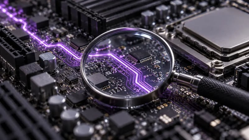 AI-generated editorial image: Macro of a server motherboard with one isolated glowing purple circuit path and a small magnifying lens.