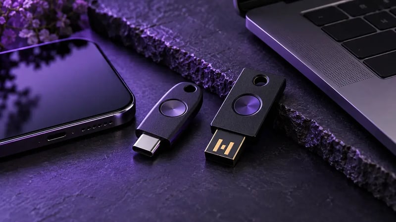 AI-generated editorial image: Two distinct hardware security keys beside an unbranded phone and laptop, elegant macro photography.