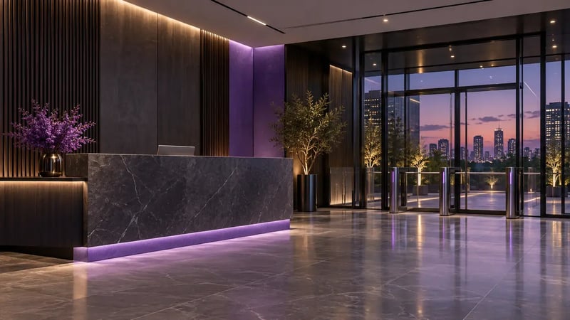 AI-generated editorial image: Empty modern office reception and secure glass entrance at dusk, understated purple accents.
