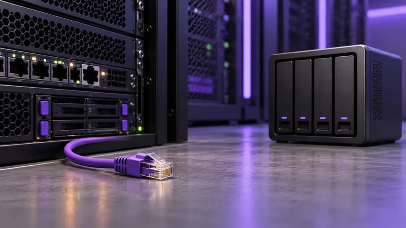 AI-generated editorial image: Disconnected network cable beside server rack and offline backup drive, calm incident recovery scene.
