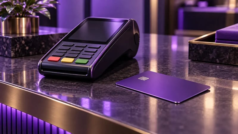 AI-generated editorial image: Payment terminal and face-down blank payment card on a polished retail counter with purple reflections.