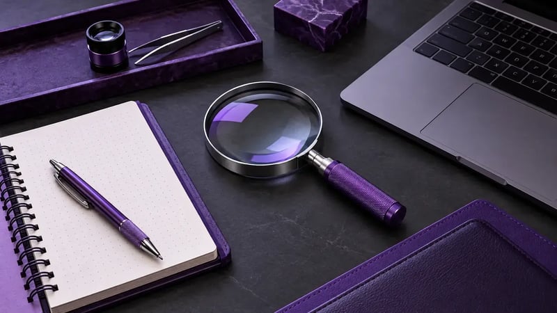 AI-generated editorial image: Precision inspection toolkit with magnifying lens, notebook and unbranded laptop on charcoal desk.
