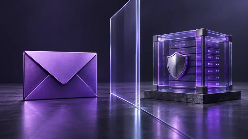 AI-generated editorial image: Email envelope sculpture separated from a protected data module by a clear glass boundary.