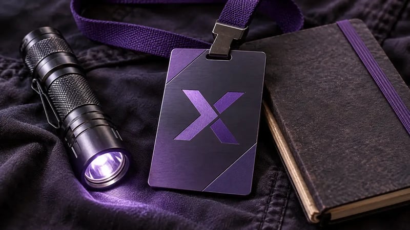 AI-generated editorial image: Professional access badge, flashlight and field notebook arranged on dark fabric with understated lavender light.