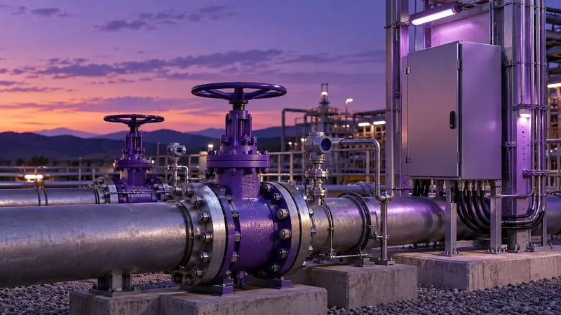 AI-generated editorial image: Industrial pipeline valves and control cabinet at twilight with restrained purple practical light.