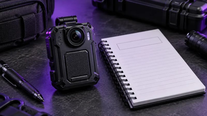 AI-generated editorial image: Compact body-worn camera and a neatly labeled blank evidence notebook on a charcoal desk, purple rim lighting.