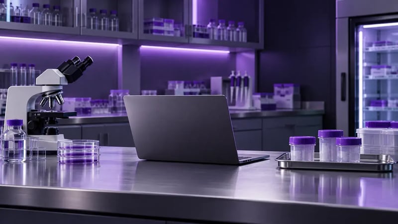 AI-generated editorial image: Scientific laboratory bench with laptop and closed specimen containers, subtle purple lights, empty room.