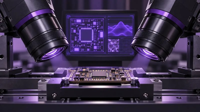 AI-generated editorial image: Two complementary optical lenses inspecting a small circuit board and a running abstract application display.