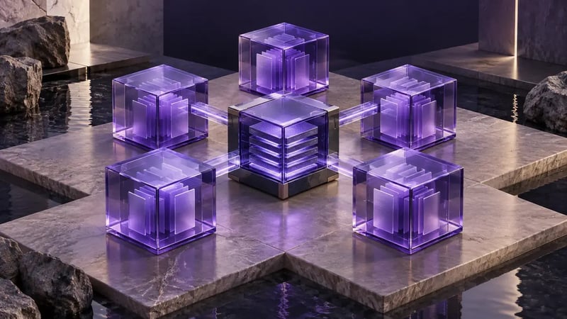 AI-generated editorial image: Seven connected translucent purple architectural cubes arranged around a secure central data module.