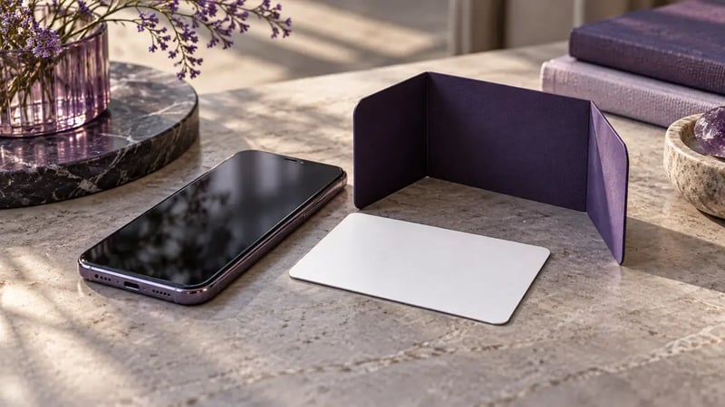 AI-generated editorial image: Unbranded phone beside a blank identity card and small privacy screen, tabletop still life.