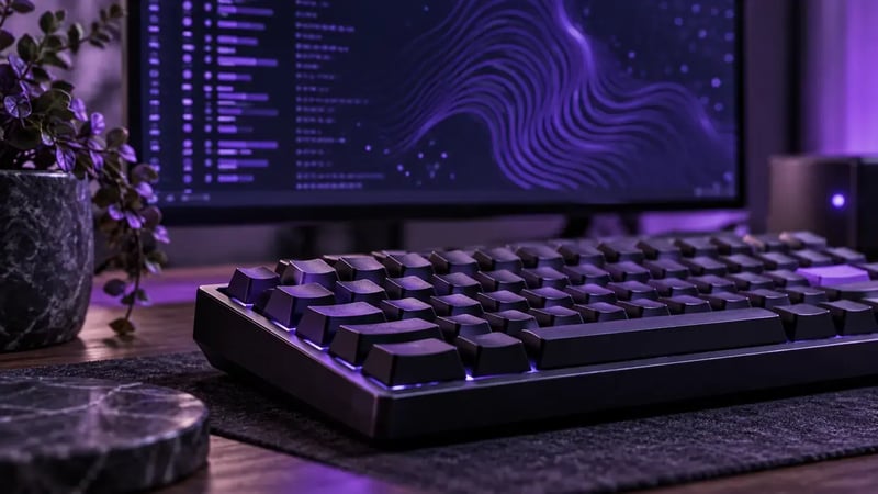 AI-generated editorial image: Macro keyboard and Linux-like abstract terminal screen, one small purple diagnostic light, no readable commands.