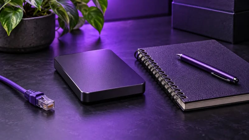 AI-generated editorial image: Offline backup drive and recovery notebook beside an unplugged Ethernet cable, purple light.