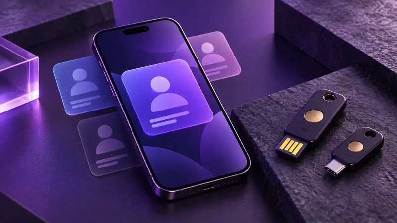 AI-generated editorial image: Unbranded phone with abstract social profile tiles beside hardware security keys in purple light.